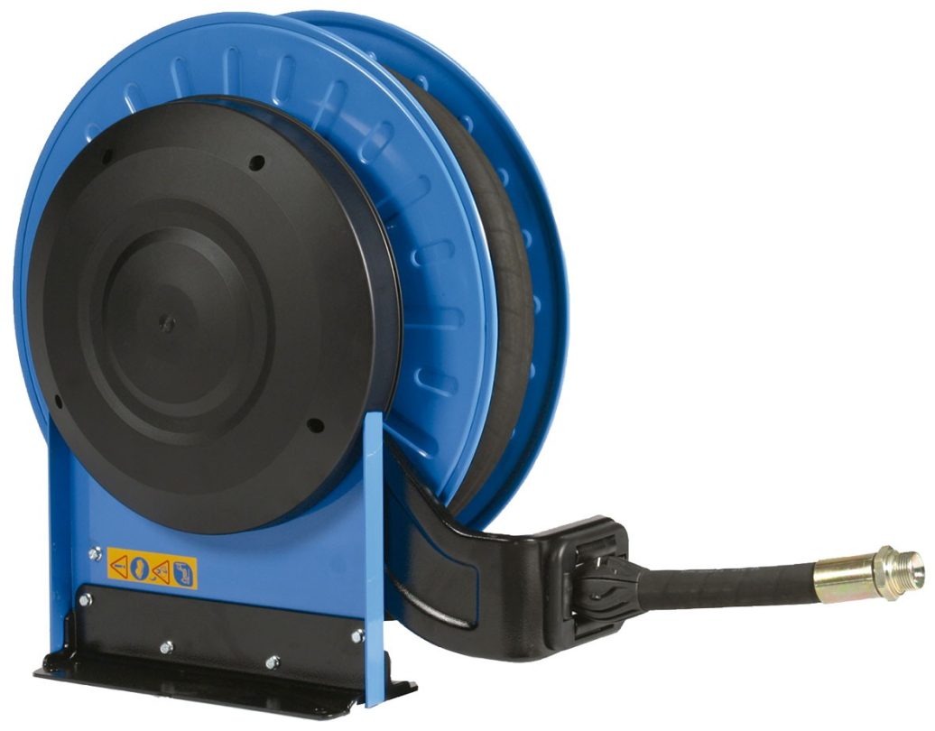 Retractable fuel hose reel with enclosed blue and black drum, wall-mountable base, and swivel connection.