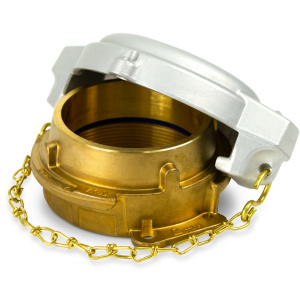 Brass fuel tanker API adaptor with aluminium dust cap and safety chain for secure sealing.