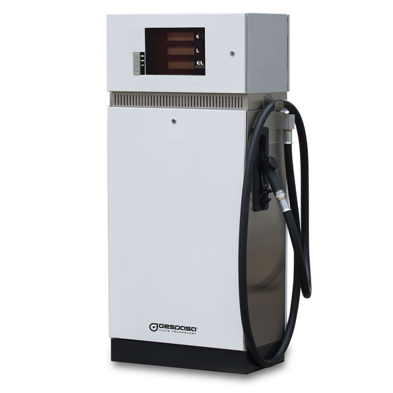 Gespa fuel dispenser with single black nozzle and digital display showing cost, volume and litres.