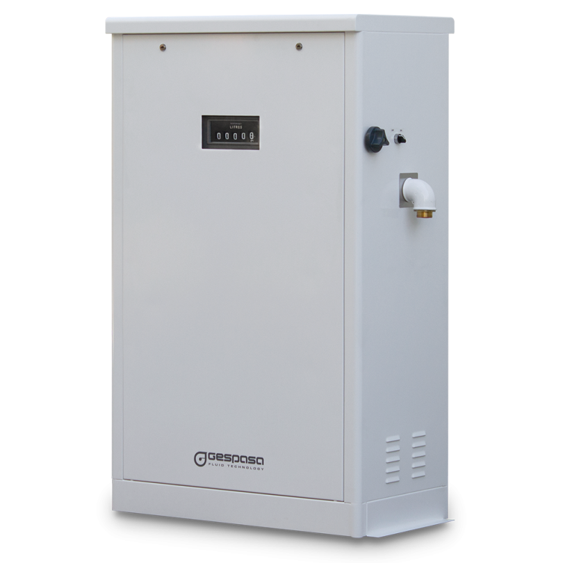 Side view of Gespsa fuel dispenser with manual litre counter and outlet fitting.