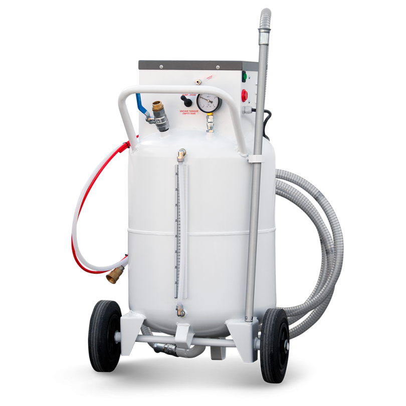 Mobile oil suction tank with sight gauge, pressure dial, and flexible discharge and suction hoses.