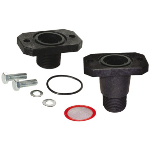 Fuel filter inlet kit with threaded fittings, bolts, O-ring, washers, and mesh strainer for installation.