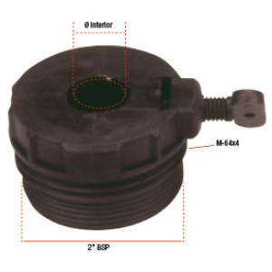 2-inch BSP threaded fuel tank cap with vent and locking screw, marked with internal diameter and M-64x4 thread.