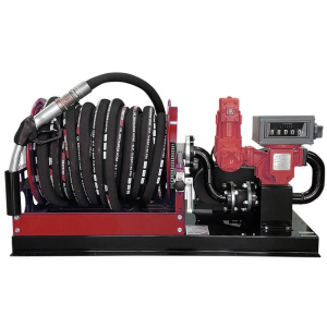Fuel transfer pump system with meter, heavy-duty hose reel and dispensing nozzle.