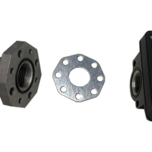 Fuel pump coupling components including flanges and alignment plate with multiple bolt holes.