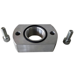 Aluminium fuel flange with threaded centre, O-ring seal, and two mounting bolts.
